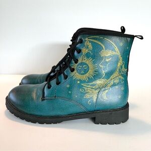 Emerald Green Gold Sun Moon Vegan Leather Boots Women’s Size 40 EU 9.5 US